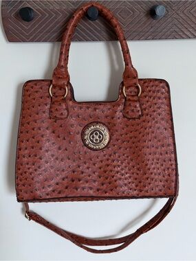 Brown Cognac Faux Leather Ostrich Embossed Satchel Shoulder Bag Tote Purse
